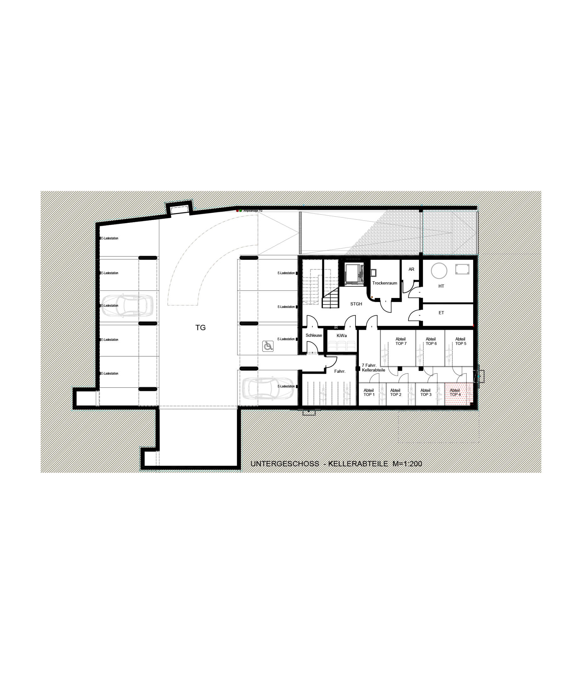 Untergeschoss mit Garage und Kellerabteilen für Wohnung 4