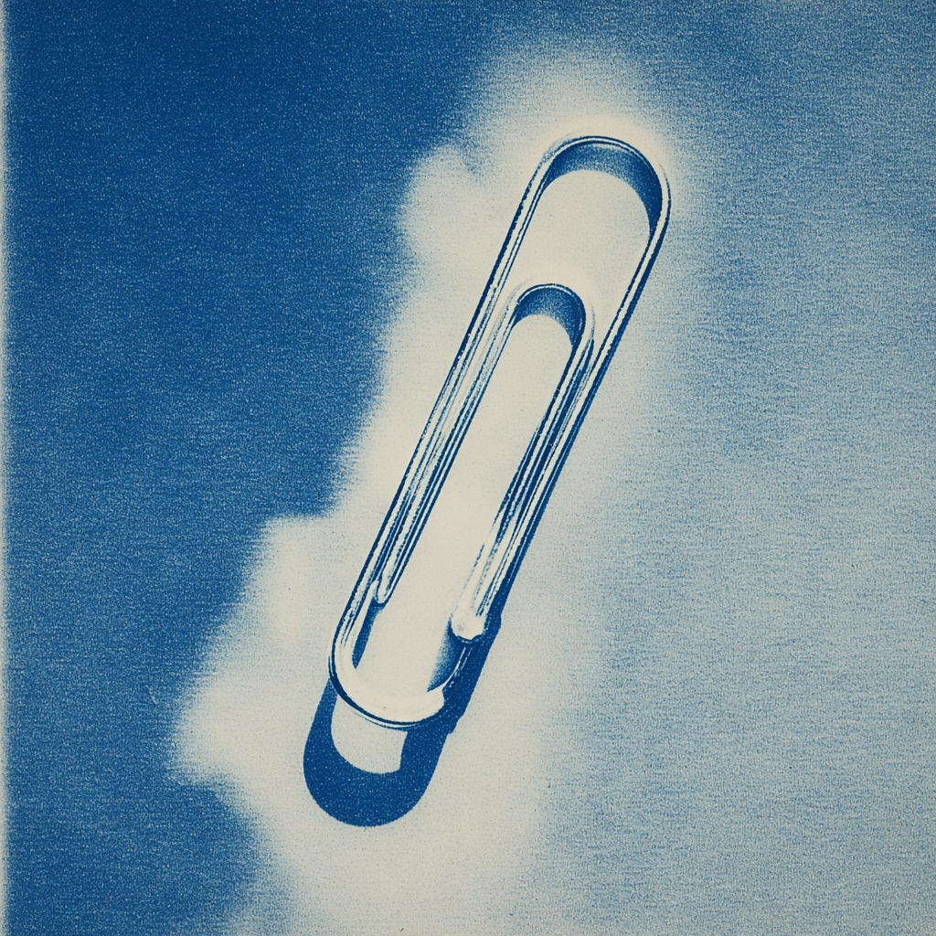 Illustration en cyanotype d’un trombone métallique sur fond texturé.