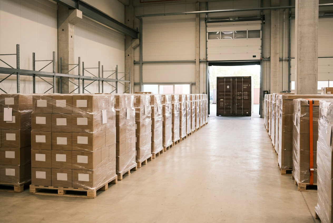 Palletised cartons in a forwarder's origin consolidation warehouse with a container waiting at the dock