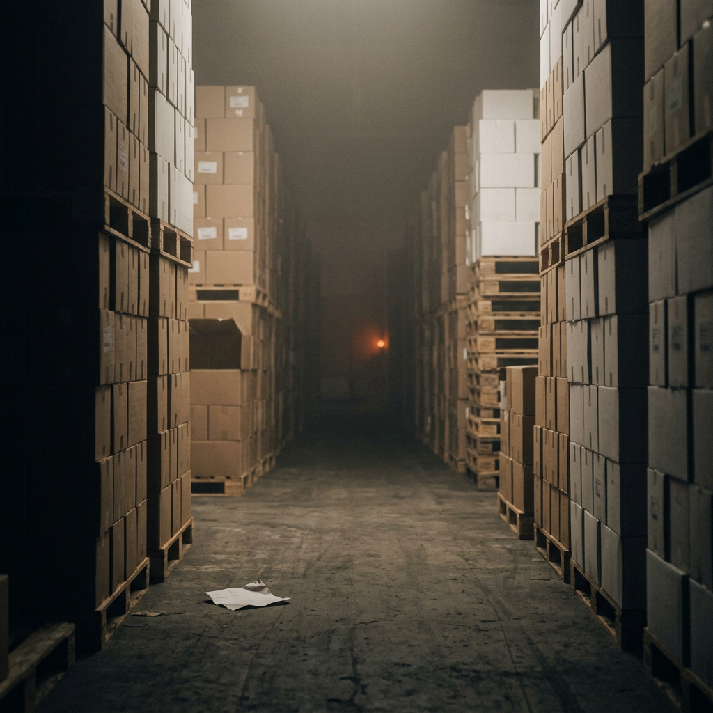 Dim warehouse aisle of stacked pallets fading into haze, showing goods at origin without visibility