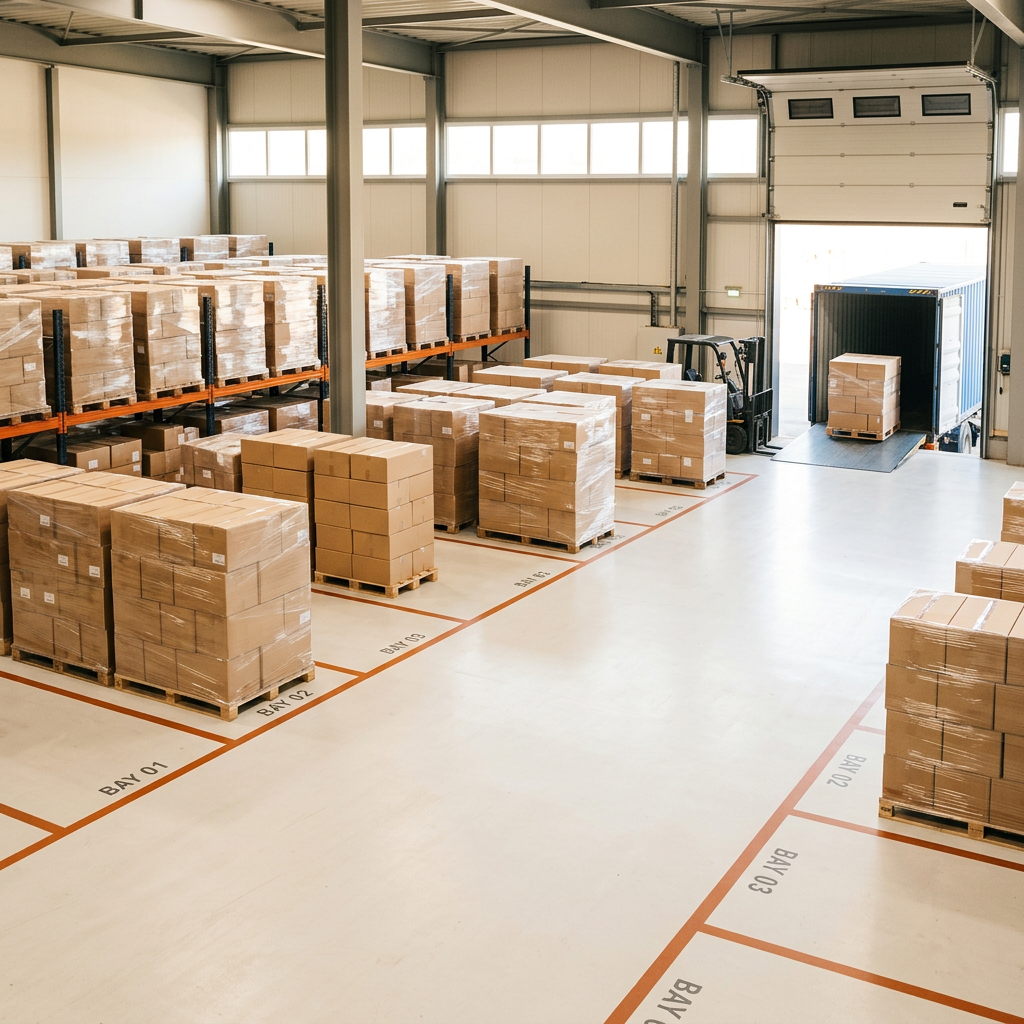 Organised consolidation warehouse with pallets grouped in marked lanes and a container being loaded