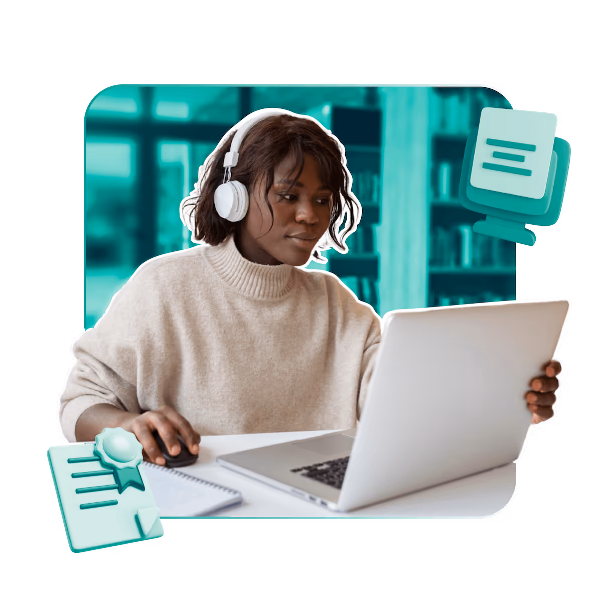 An employee works behind a laptop with headphones on.