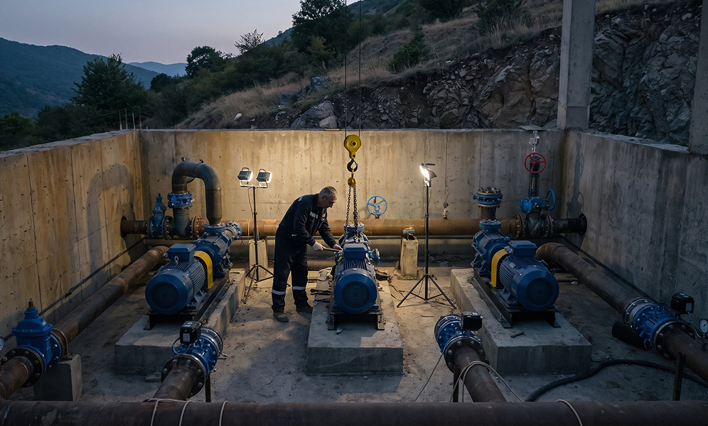 Crane installing a pump on a pipeline, Lachin District