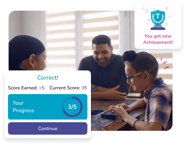A child using a smartphone with a braille display sits at a table smiling, while two adults look on proudly. Overlays from the BoQuest app show quiz feedback: “Correct! Score Earned: +5, Current Score: 35,” a progress circle (3/5), and an achievement badge reading “You get new Achievement!