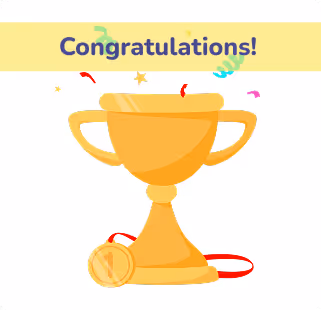 Illustration of a gold trophy with a medal at its base, surrounded by confetti and streamers. A banner at the top says “Congratulations!”