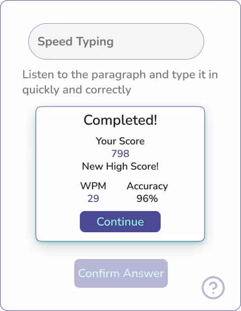 Screenshot of a BoQuest activity titled “Speed Typing.” The instructions say, “Listen to the paragraph and type it in quickly and correctly.” A pop-up shows the challenge completed with a score of 798, a new high score, 29 words per minute, and 96% accuracy.