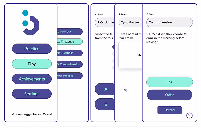 Screenshot showing multiple BoQuest app screens side by side. Menus include options like Practice, Play, Achievements, and Settings. Activity examples include multiple-choice braille questions, typing braille text, and comprehension questions with answer options like “Tea” or “Coffee.”