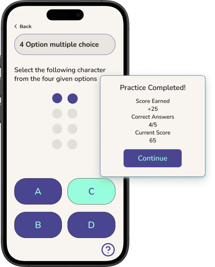 The BoQuest app on a smartphone showing a braille multiple choice exercise. Two filled dots appear in the top row of a braille cell. Answer C is highlighted in mint green as the correct answer. A "Practice Completed!" overlay shows 4/5 correct answers and a score of 65.