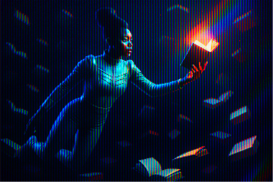 A young woman floating through a sea of books