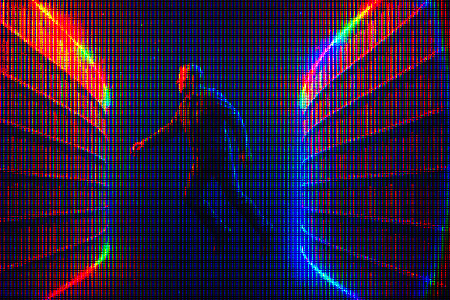 A man floating through space in a futuristic library