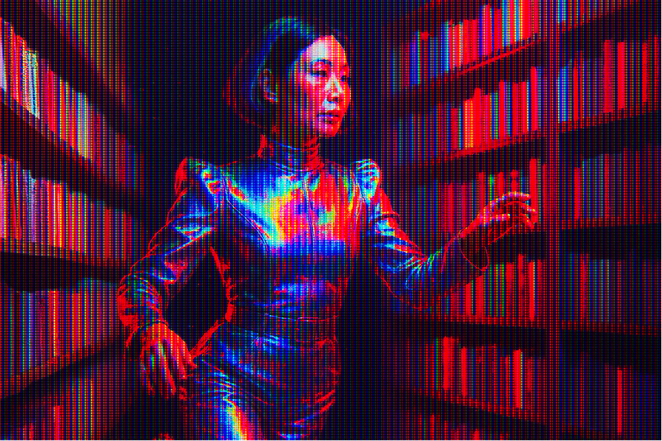 Image of a futuristic woman browsing a library