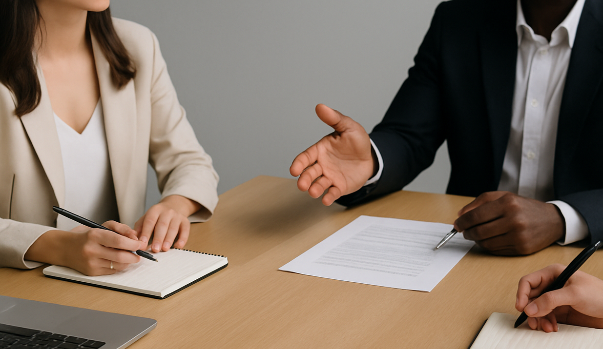 Menschen in Businesskleidung sitzen an einem Tisch, eine Person schreibt in ein Notizbuch, eine andere zeigt mit einer Hand auf ein Dokument.