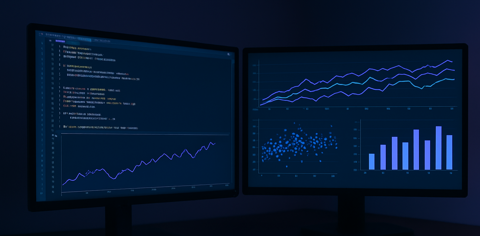 Zwei Bildschirme in dunklem Raum, links Programmiersprache mit Diagramm, rechts verschiedene farbige Grafiken und Diagramme.
