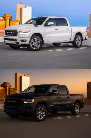 A side by side comparison of a white truck and a black truck with blue circuit wrap design from an AI vehicle wrap program