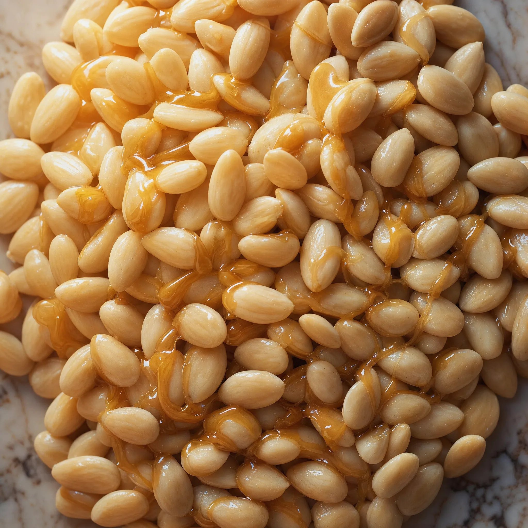 Amandes émondées nappées de praliné doré, le cœur fondant de la Pougatine