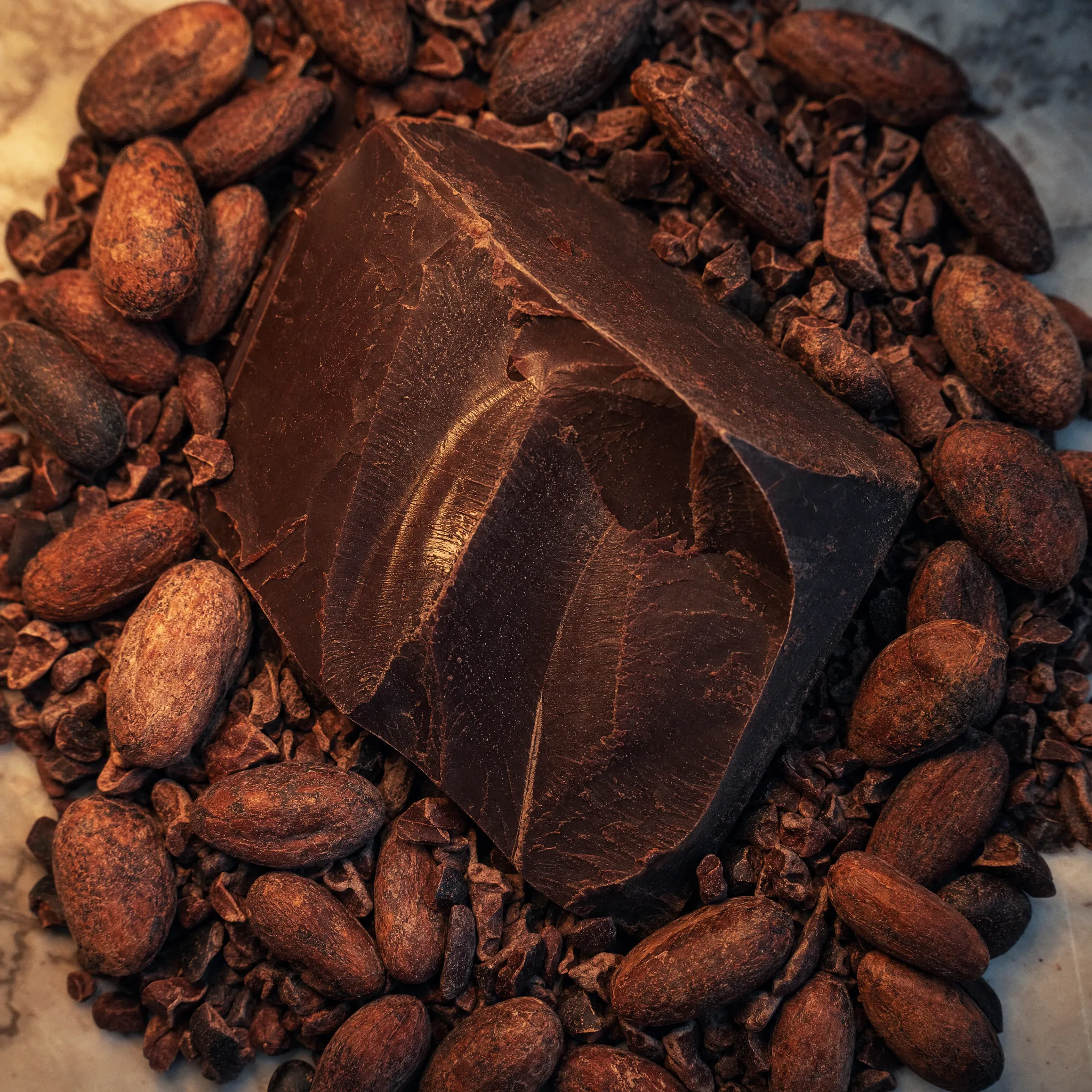 Éclat de pâte de cacao et fèves torréfiées, la profondeur du praliné de la Pougatine