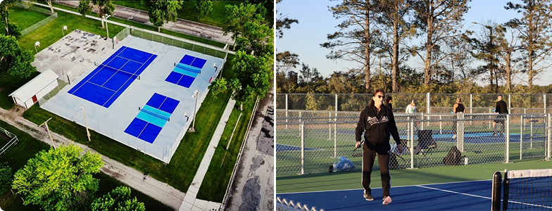 pickleball court from an aerial perspective and a pickleball player waiting to return a serve