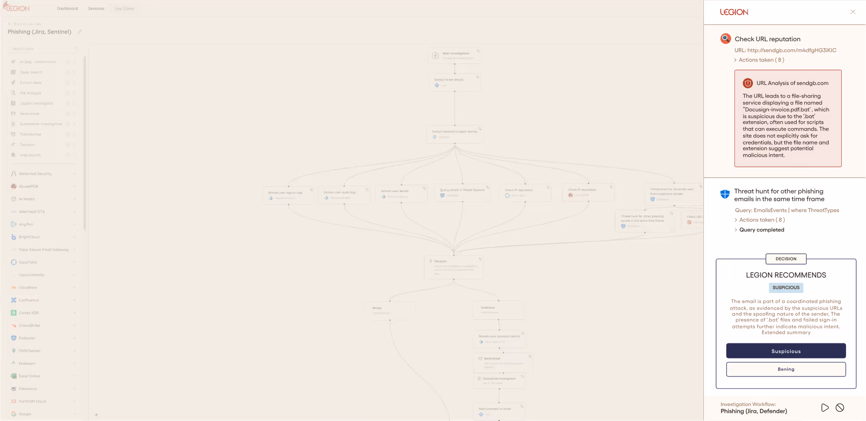 LEGION interface recommending an email as benign, noting it is a promotional message from Microsoft OneDrive with no malicious indicators and an IP linked to Adobe Inc.