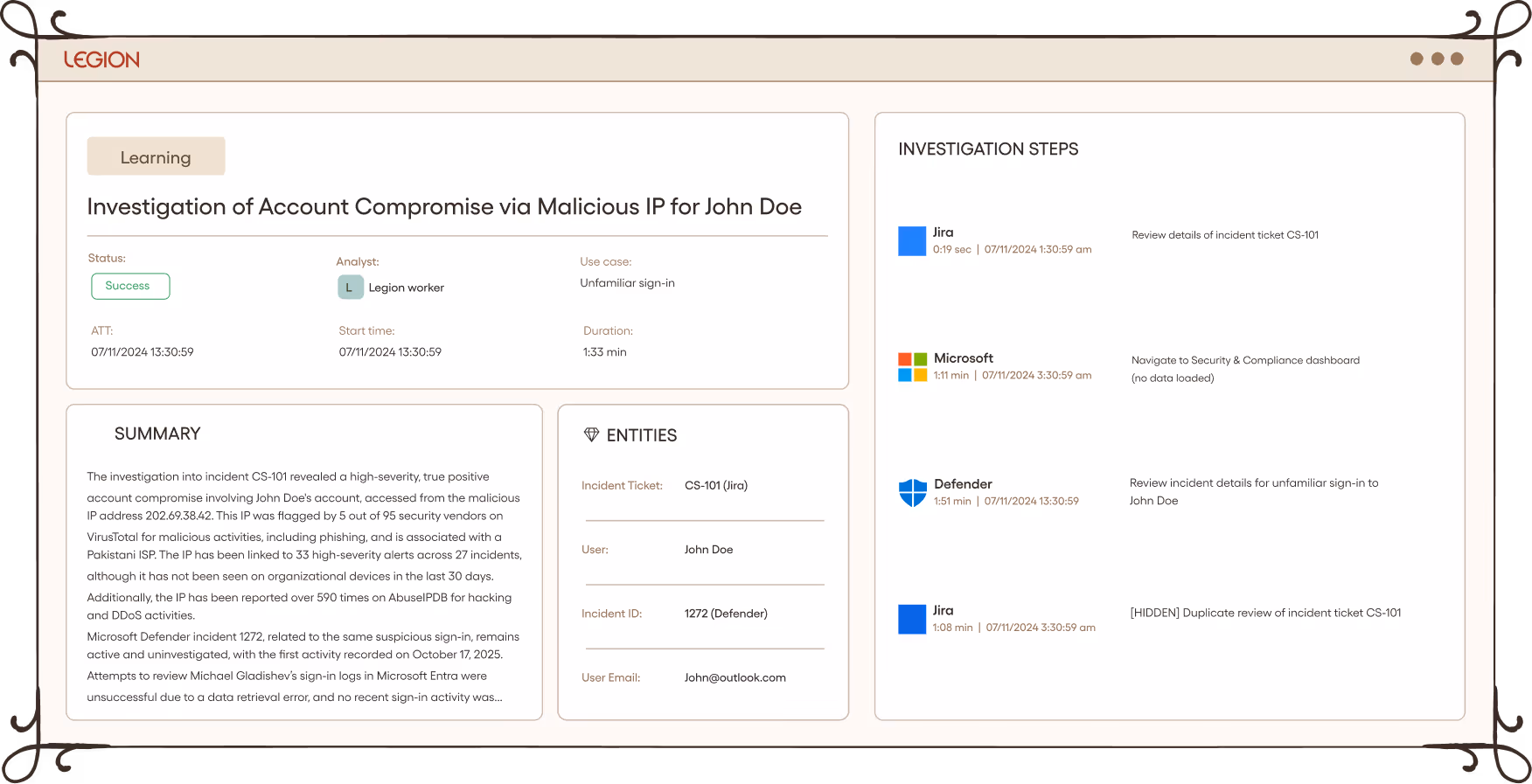 Dashboard showing phishing investigation summary with status 'Success', analyst info, duration, and detailed investigation steps including case extraction, user detail search, incident entity extraction, IP reputation checks, and query results.