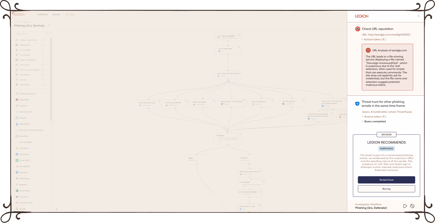 Legion security interface showing an investigation in progress with steps like checking URL reputation, extracting information, and analyzing email headers.
