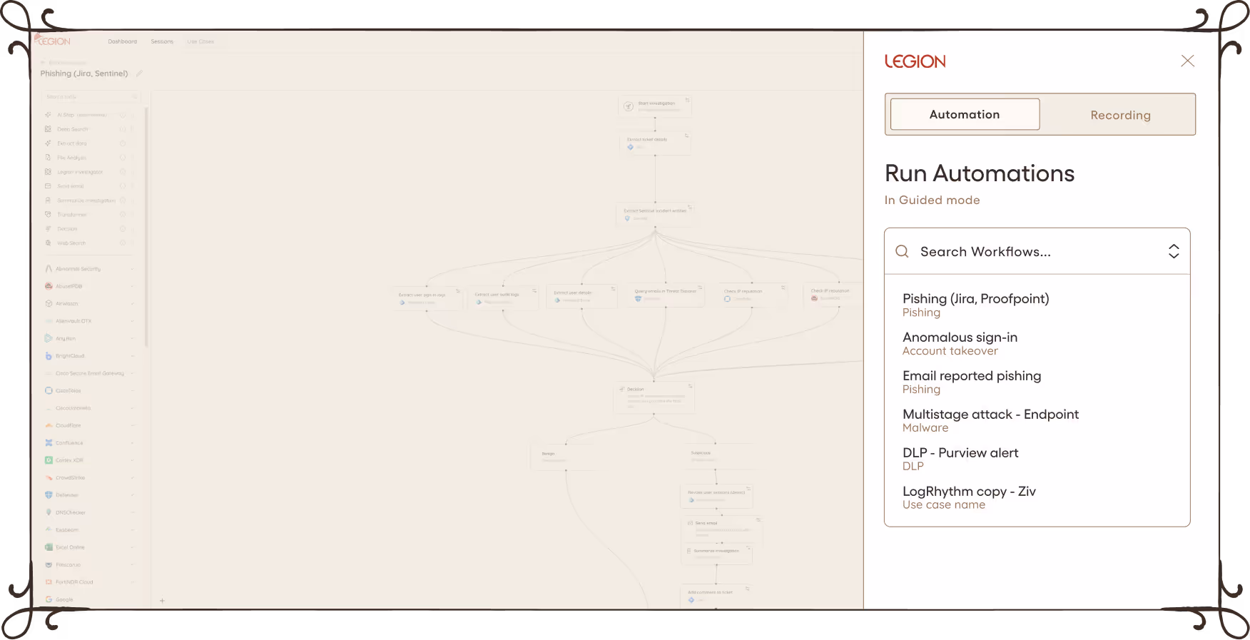 LEGION Investigate panel showing search for workflows with use case names like Heico - browser 1, Phishing - Sentinel, and Domain investigation, with a button to start Legion investigation.