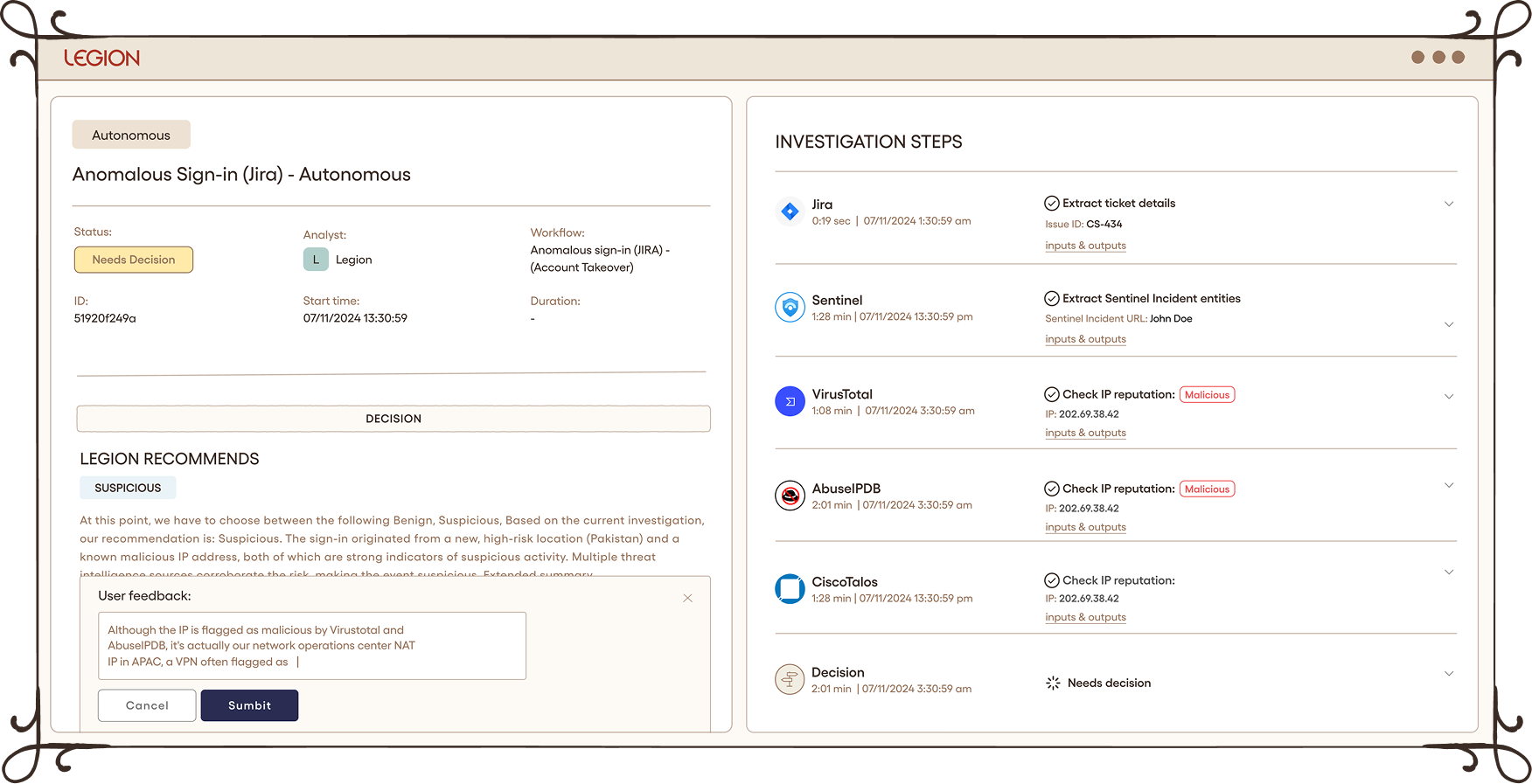 Flowchart for Phishing Outlook investigation starting with email analysis, followed by URL reputation checks, query running, AI summarization, and decision by Legion AI.