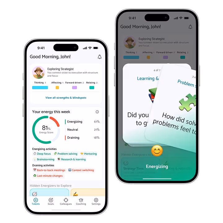 Mockups of user interface of a mobile app dedicated to personal development, showing main page with content cards and navigation.