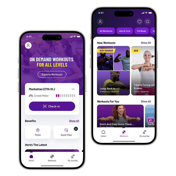 Mockups of user interface of a mobile fitness app showing main page with content cards and navigation.