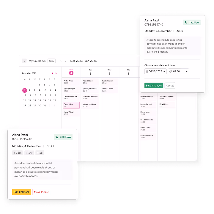 Mockups of user interface of a web application for contact center staff.
