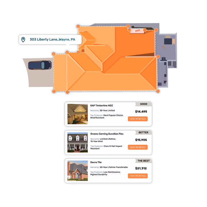 Fragments of user interface of a web application providing tools for online roofing design.