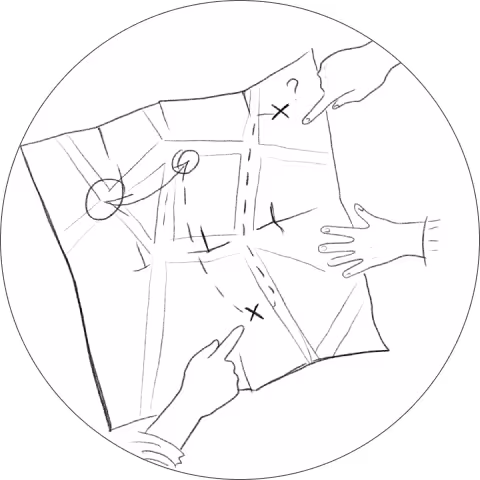 A hand-drawn illustration of a person working on the research.