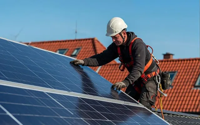 Ein Installateur mit Schutzhelm und Sicherungsgurt arbeitet an der Montage von Solarmodulen auf einem Hausdach.