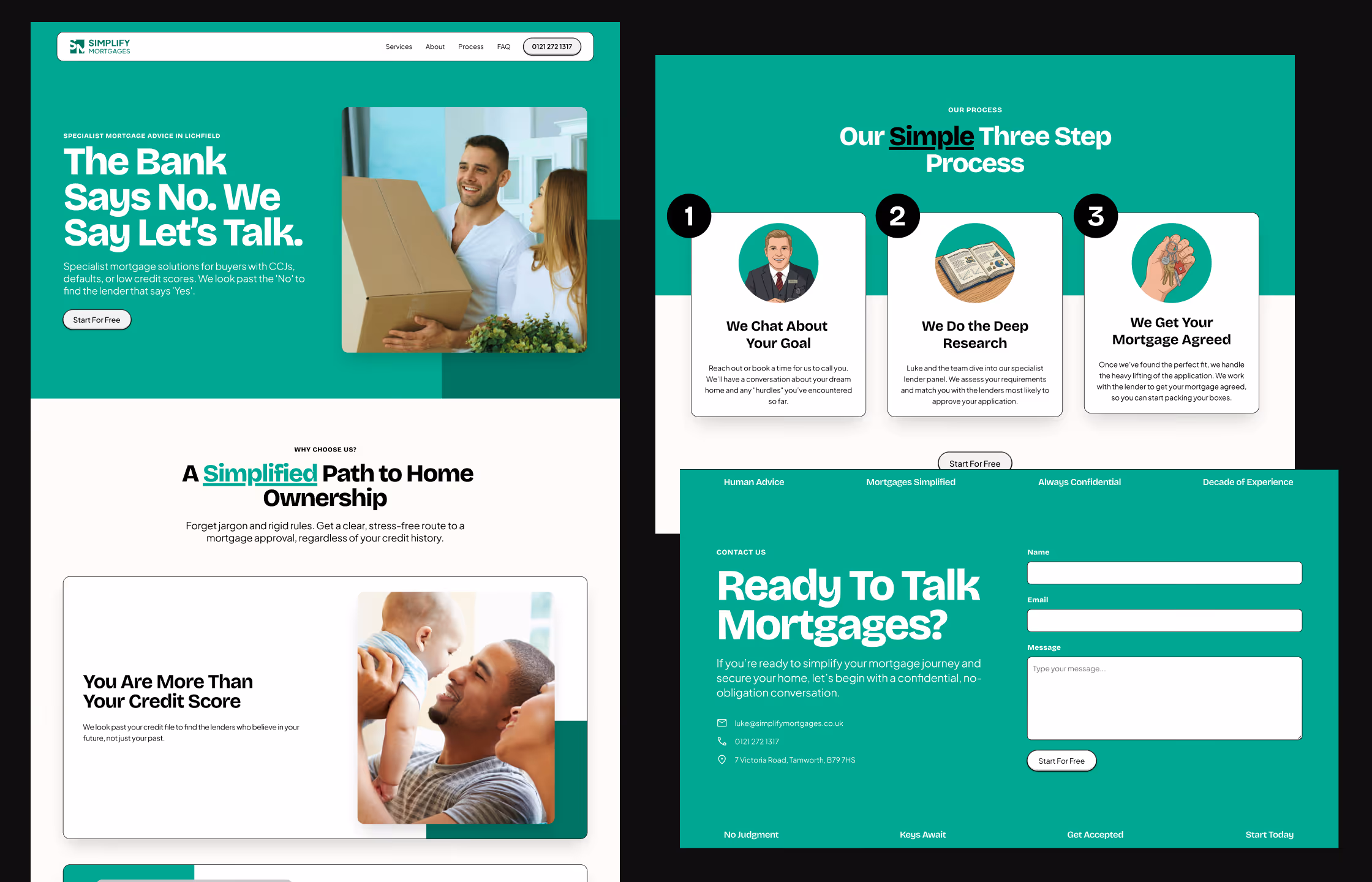 Simplify Mortgages landing page showing mortgage advice, a three-step process, and a contact form with phone, email, and address details.