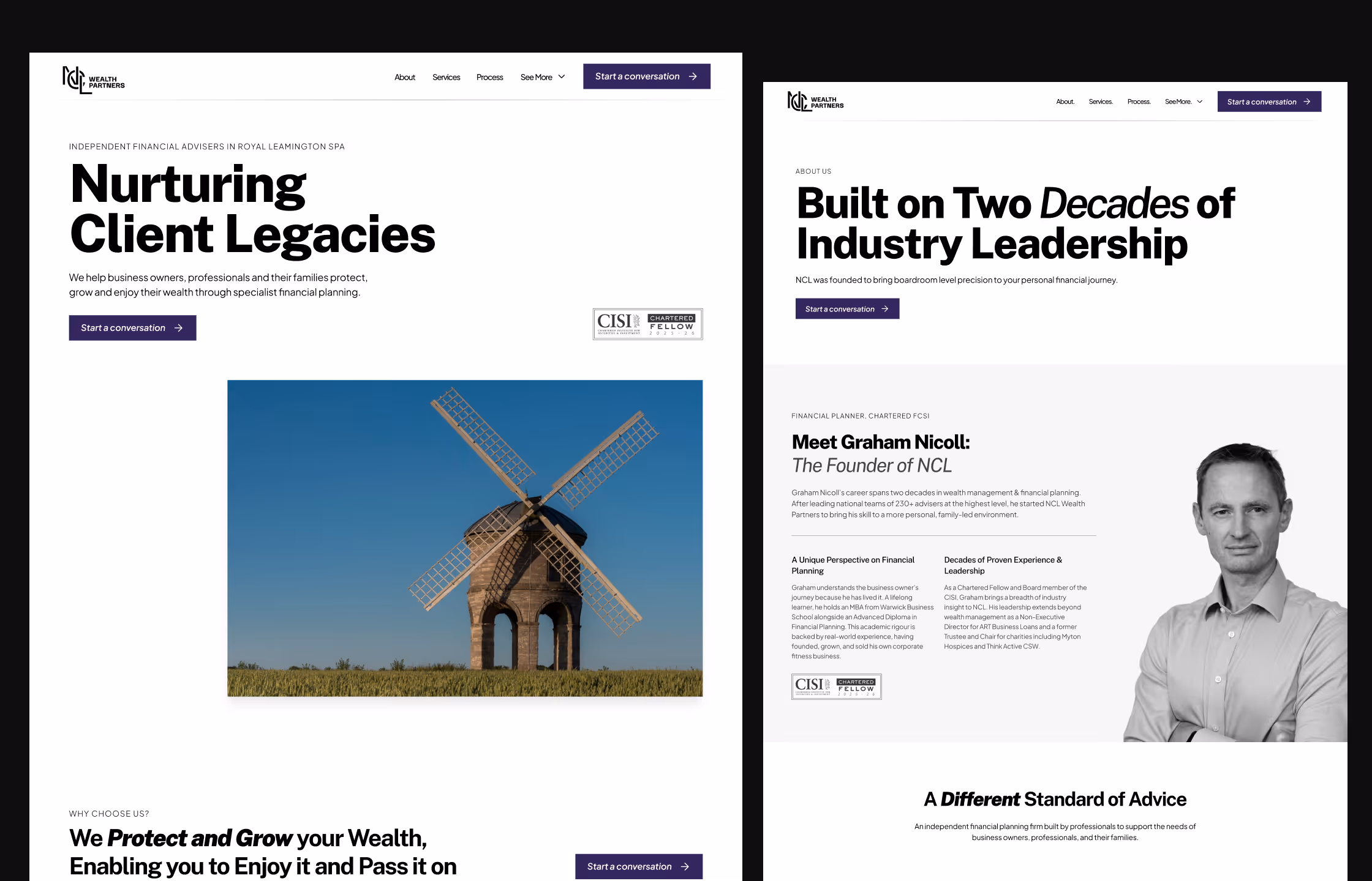 A website layout for NCL Wealth Partners featuring a windmill image on the left, financial advisory service text, and a photo of Graham Nicoll, founder, with details about his expertise and leadership.