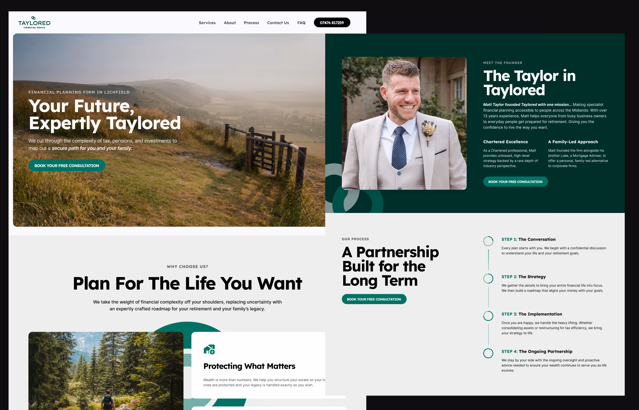 Website homepage of Taylored Financial Advice showing a countryside path with text about expert financial planning and a photo of a smiling man in a suit presenting the founder, Matt Taylor.