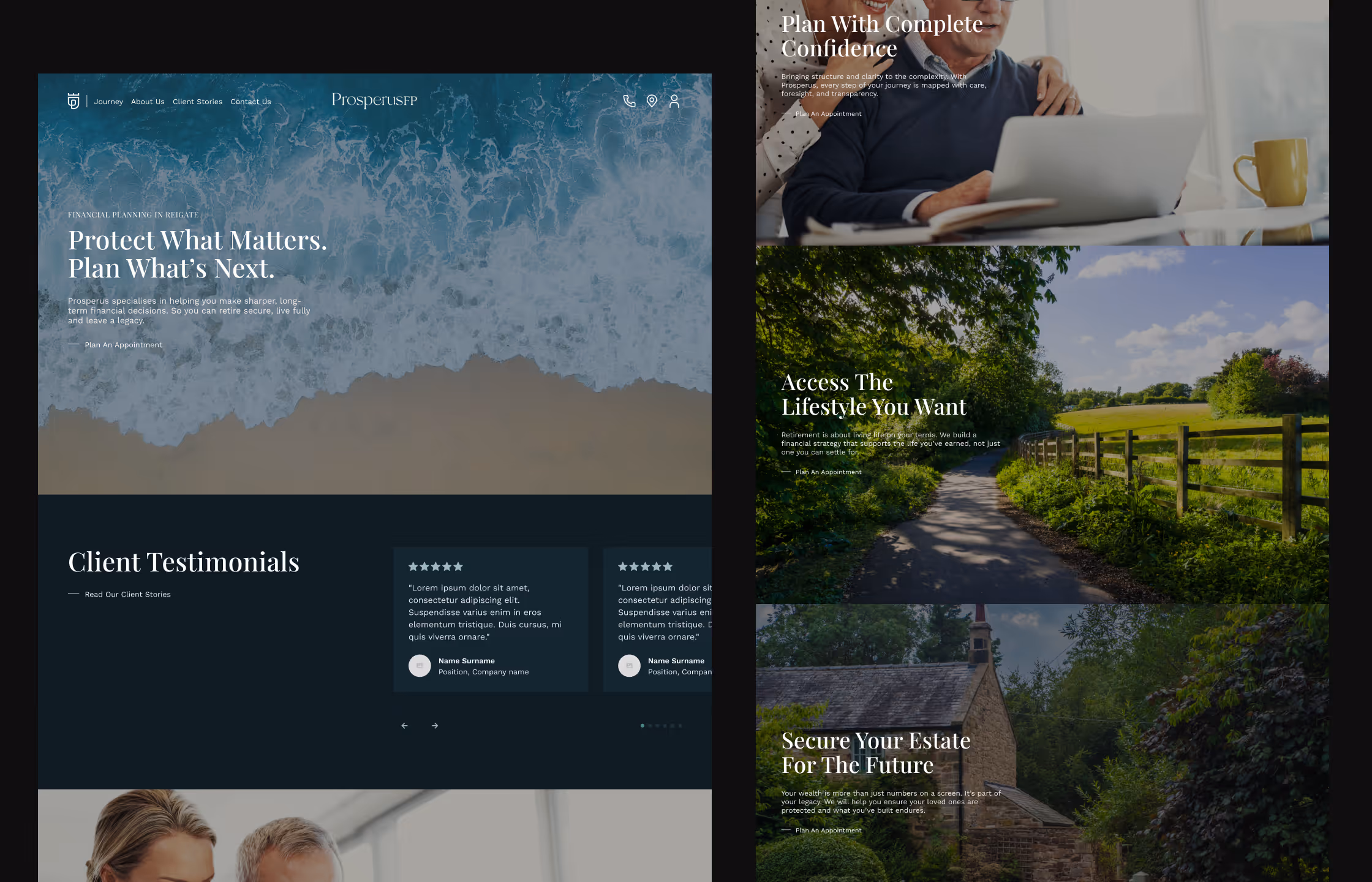 Financial planning website with ocean waves background, client testimonials, and images highlighting confident planning, lifestyle, and estate security.