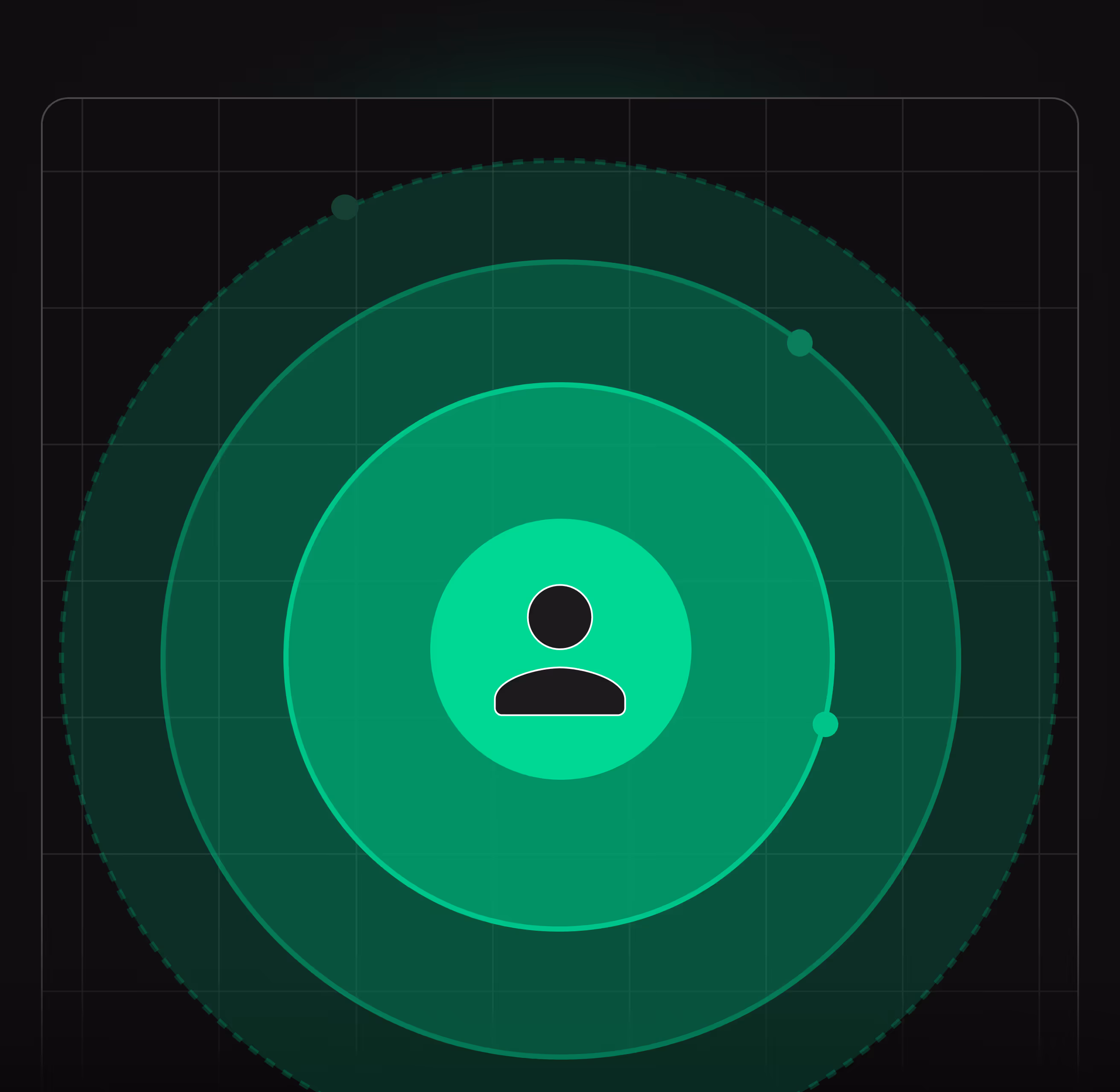 Green radar screen with a user icon in the center and two orbiting dots on a circular path.