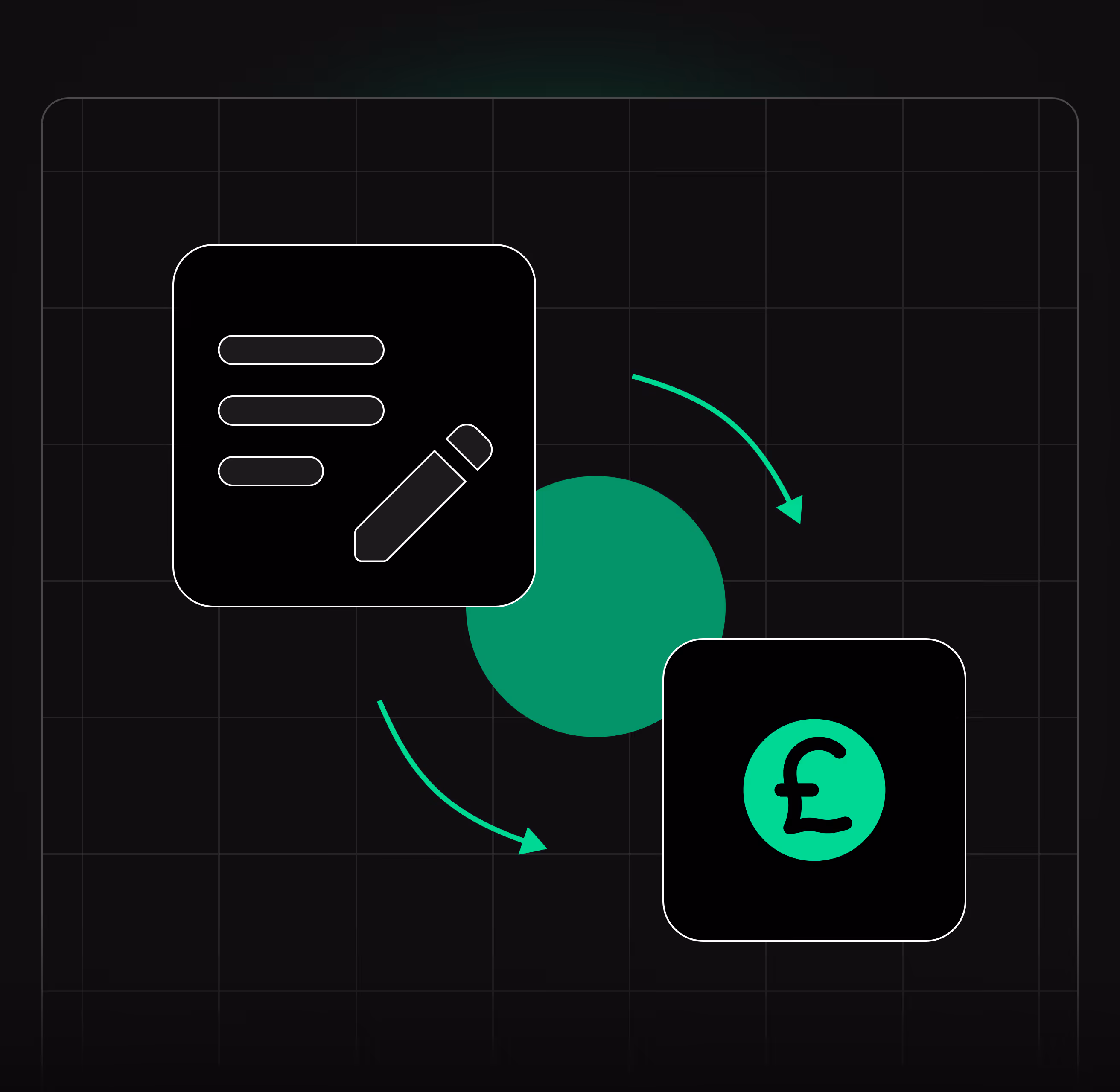 Graphic showing a document icon with a pencil and a British pound currency symbol connected by circular arrows on a dark grid background.