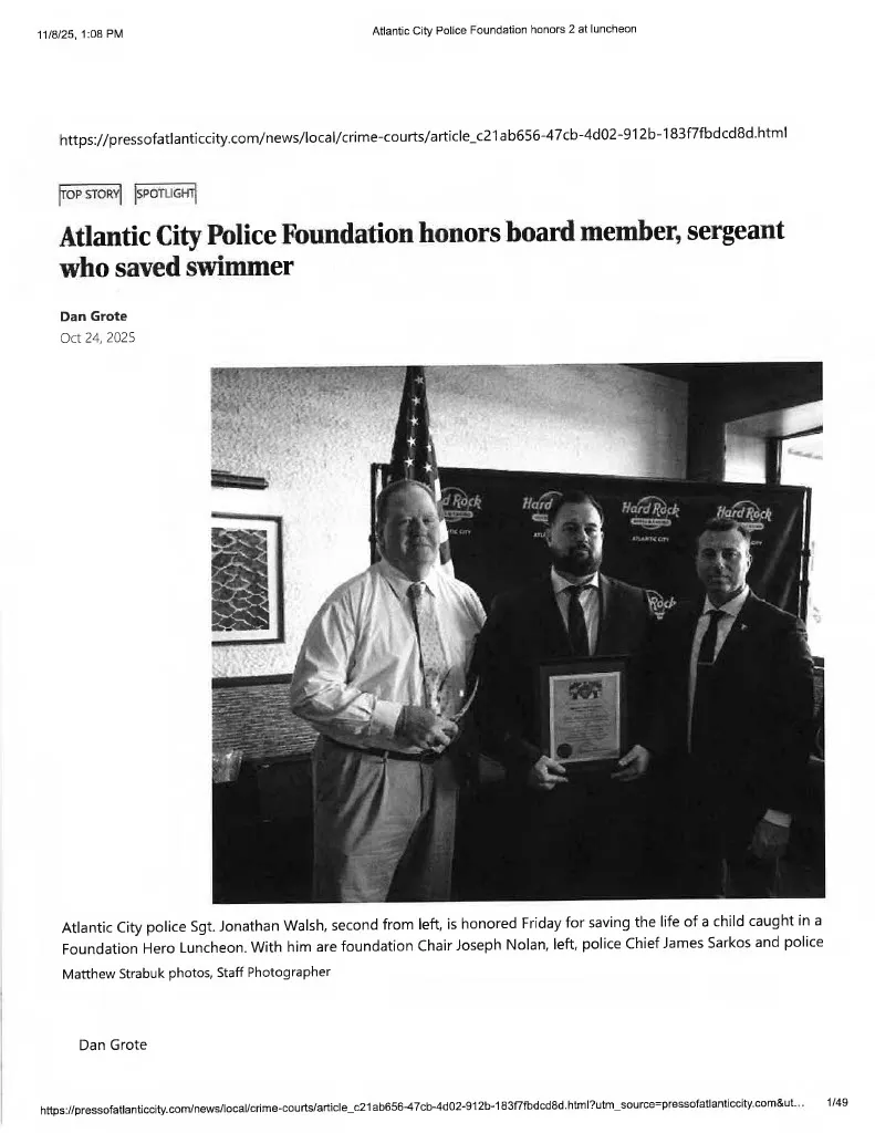 Atlantic City Police Foundation honors board member, Sergeant who saved swimmer
