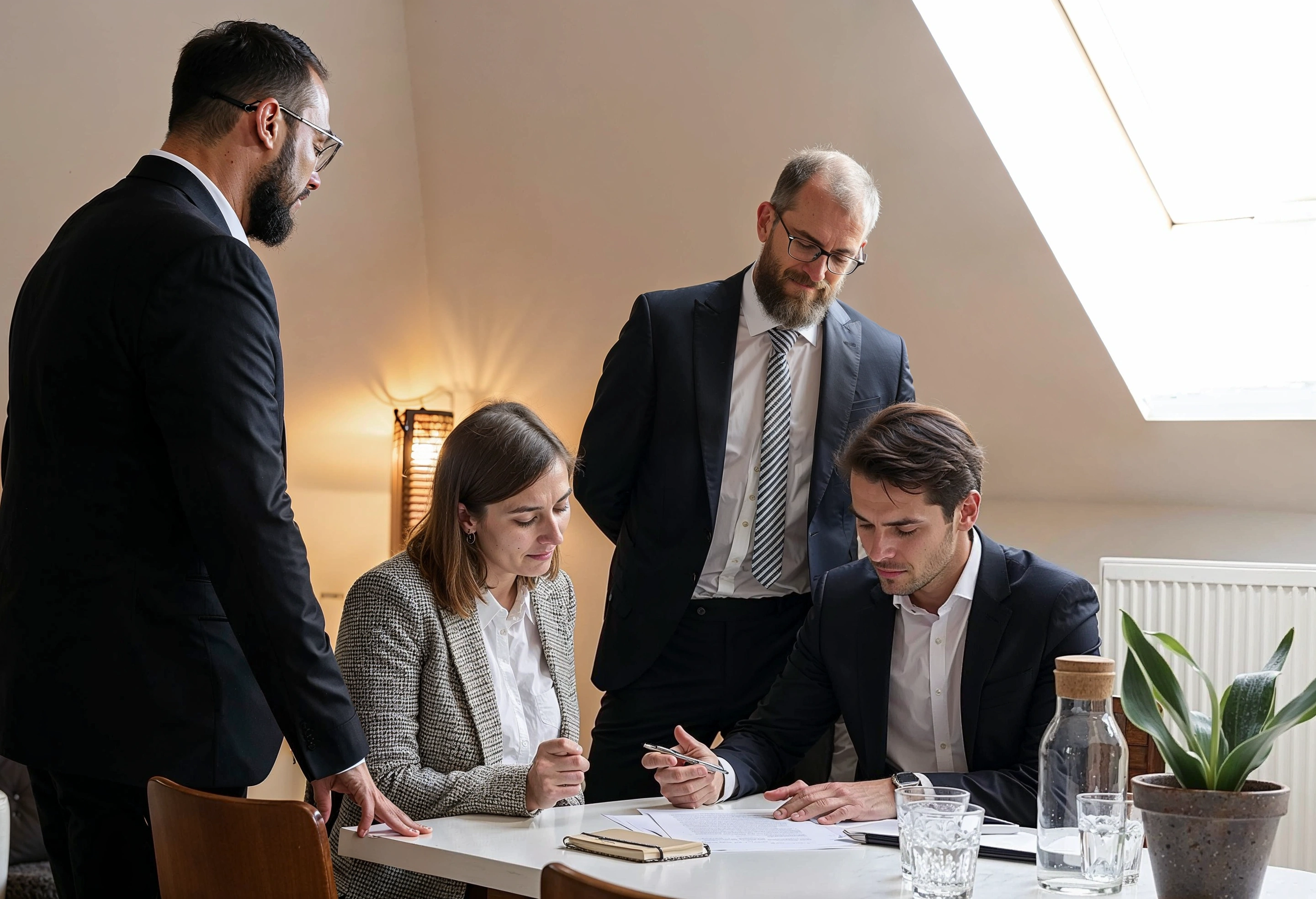 Business professionals collaborating in a bright office meeting space