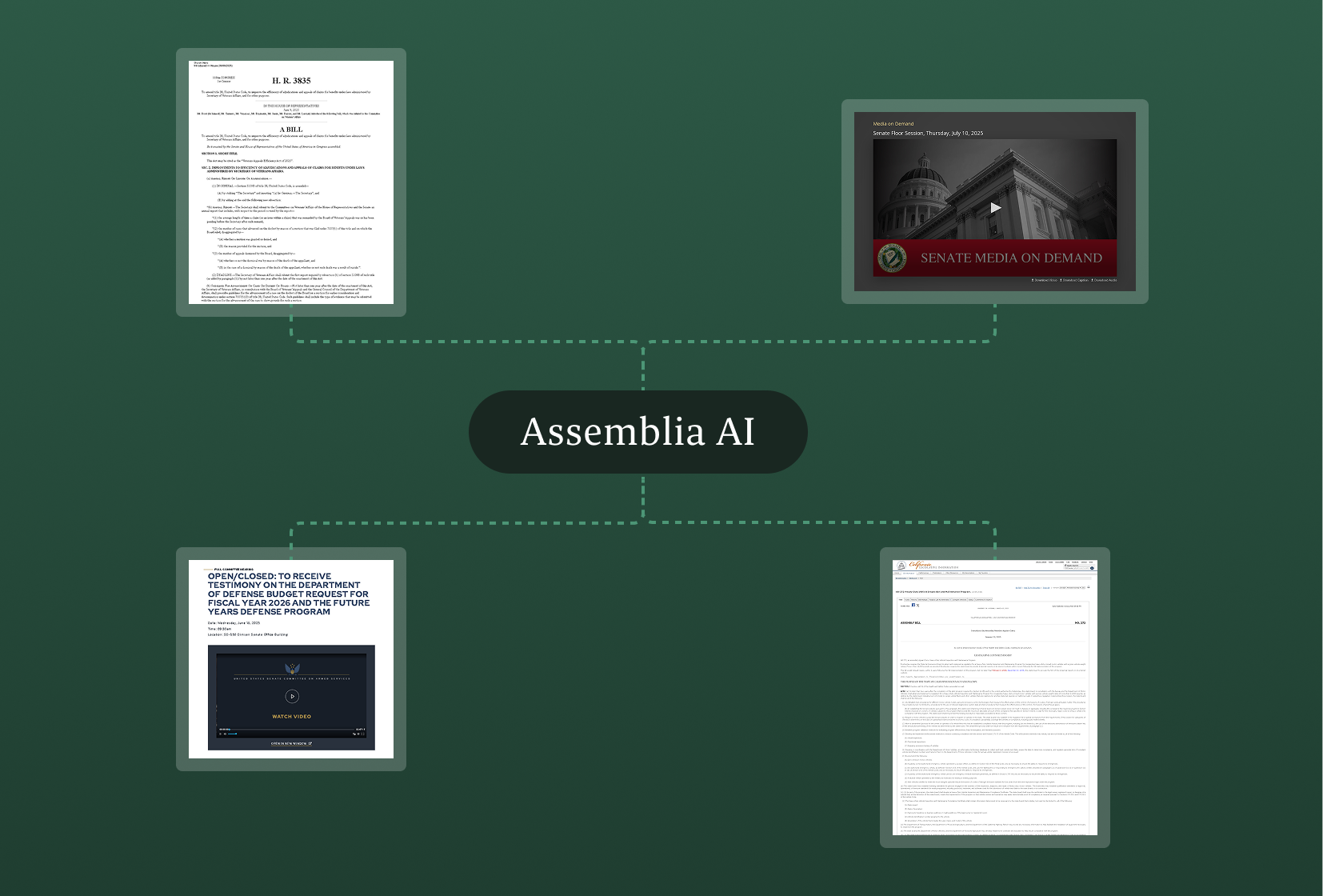 Assemblia AI platform showing legislative documents and Senate media interface