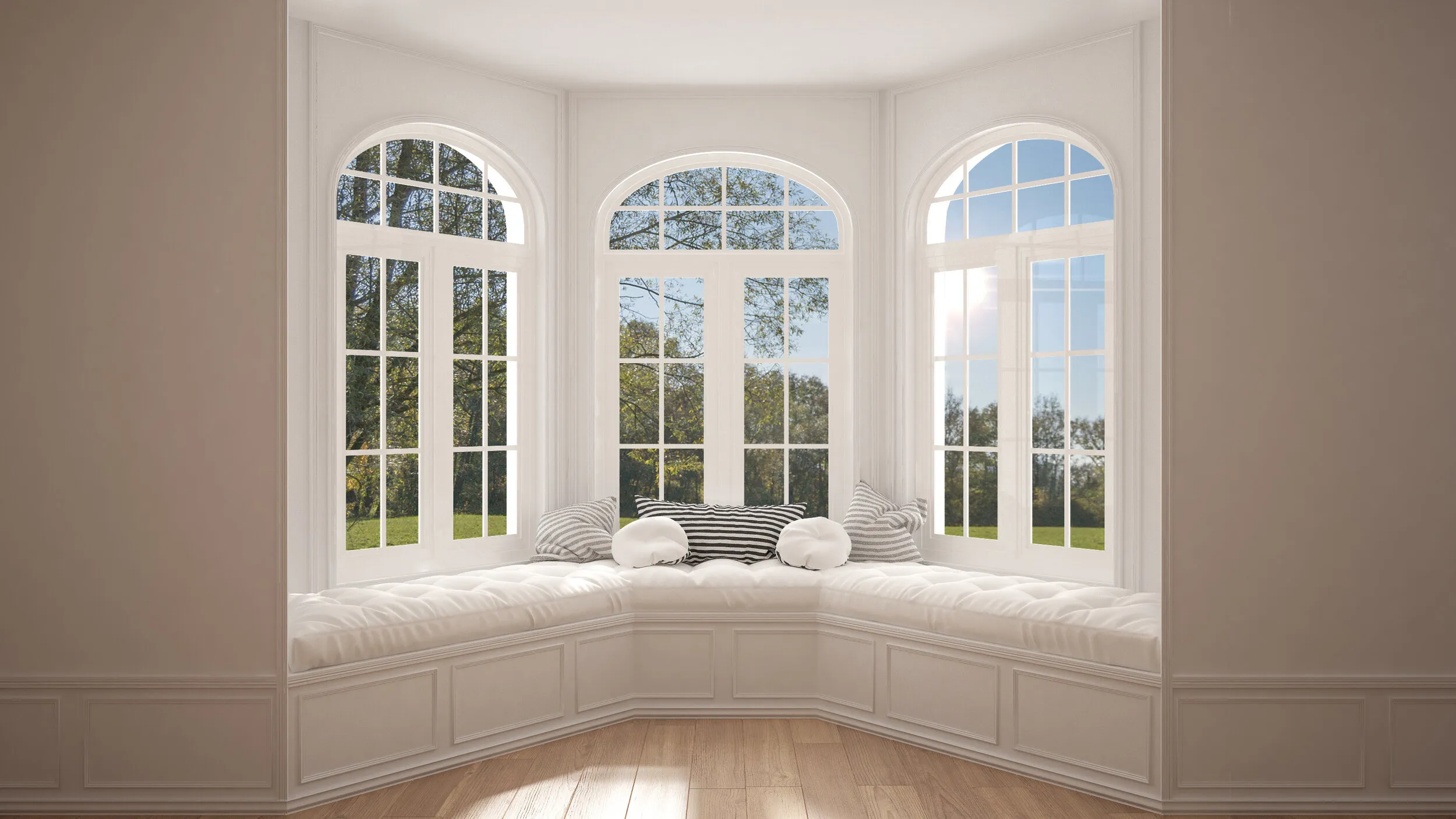 image of a white bow window