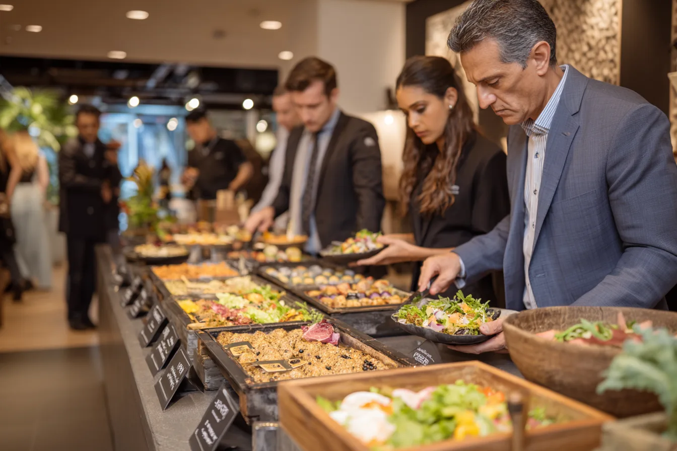 Corporate event catering setup with a gourmet buffet and a professional service team