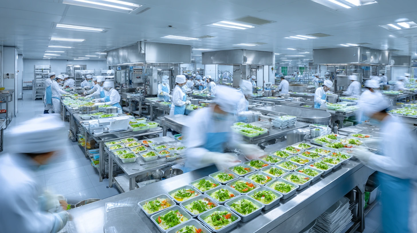A clean, wide-angle shot of a large, state-of-the-art commercial kitchen specializing in B2B food services. Uniformed Indian chefs work efficiently in an organized, hygienic assembly line, plating hundreds of identical, healthy meals into eco-friendly cont
