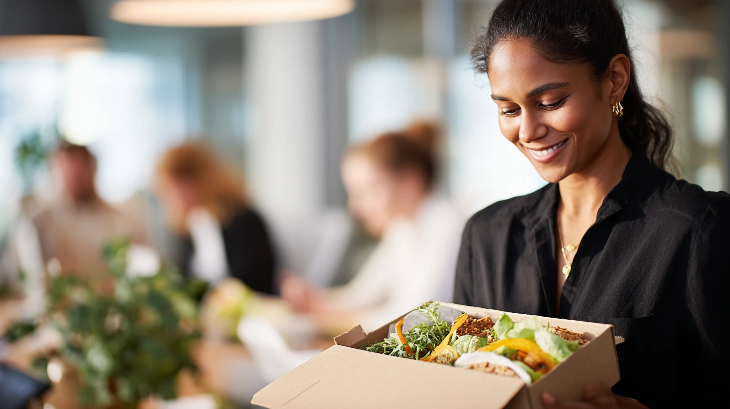 A woman staring at a delicious pre packaged meal from nibble foods