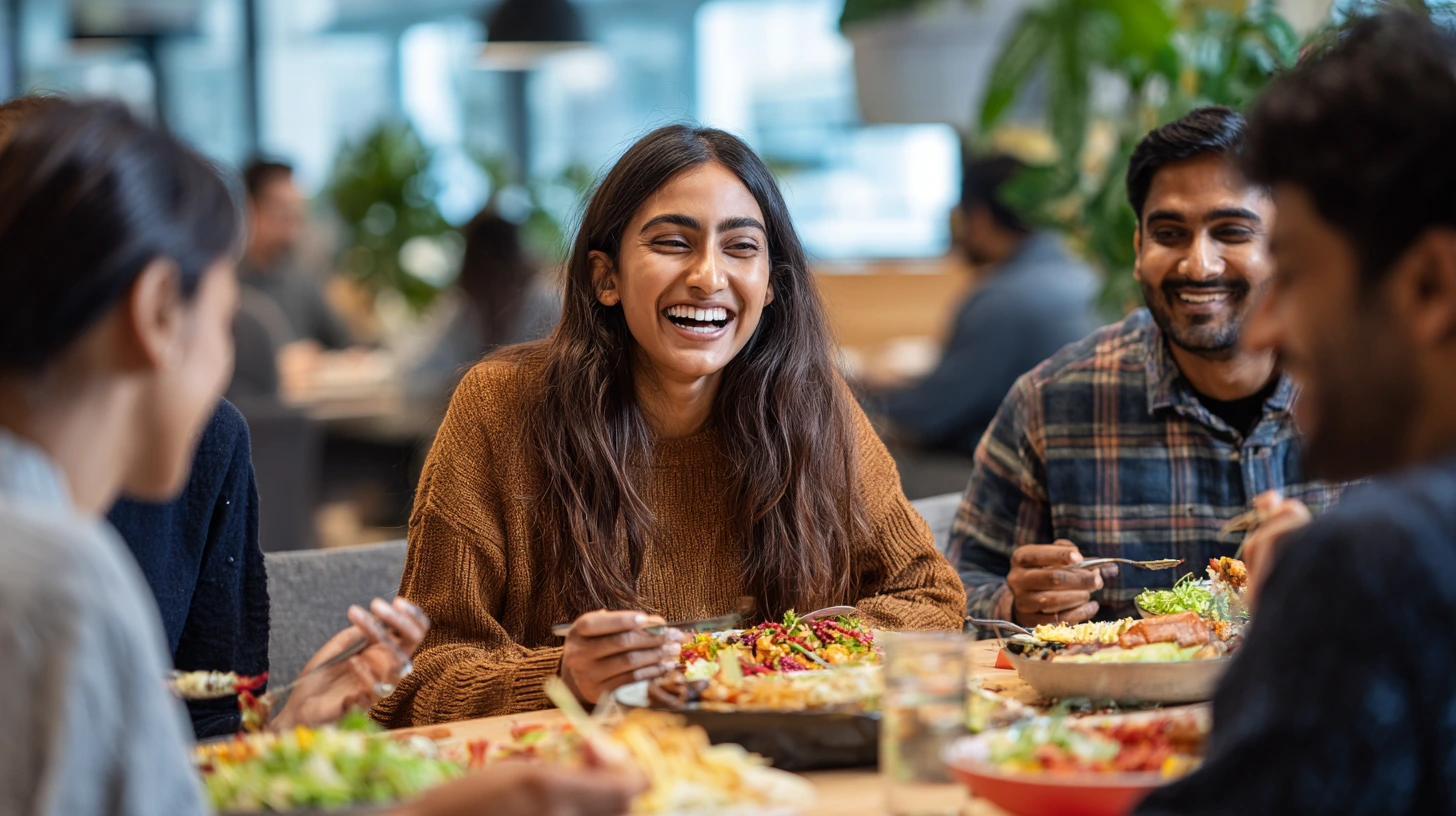 A candid, eye-level shot capturing a diverse group of Indian colleagues laughing and bonding over a shared lunch in a relaxed, contemporary office common area. They are eating from plates of colorful food, but the main focus is on their joyful interaction 