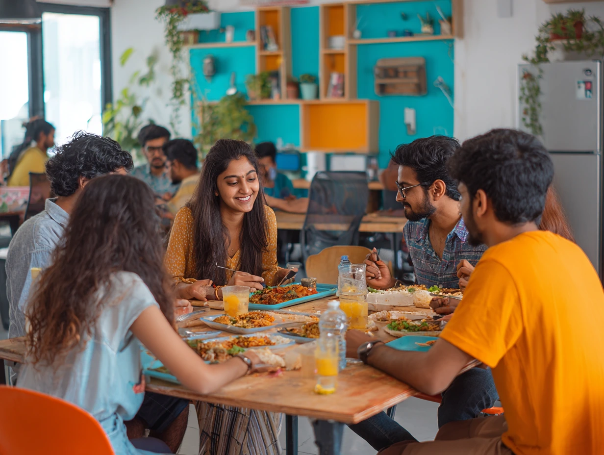 A lively cafeteria , focused on a table where people are eating a nutritious meal