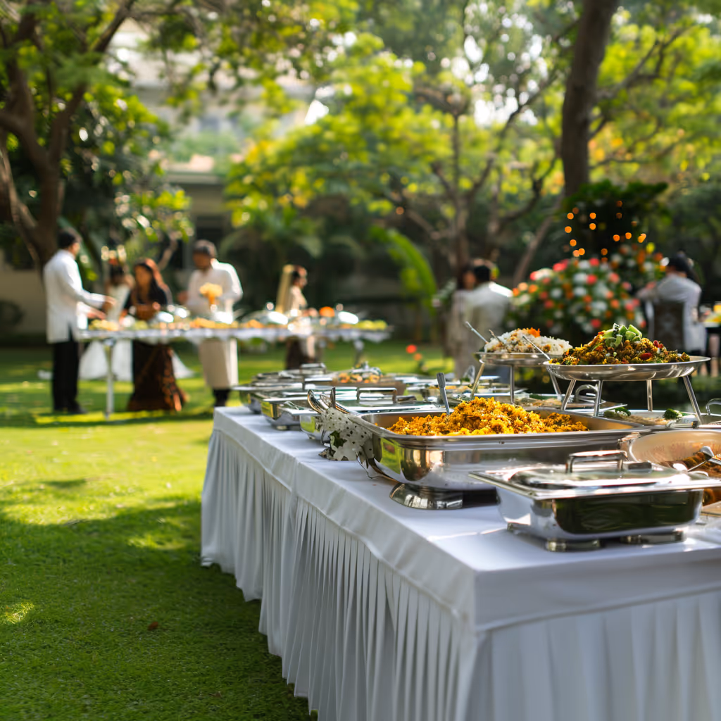 Bain-maries on a lush lawn at a corporate event