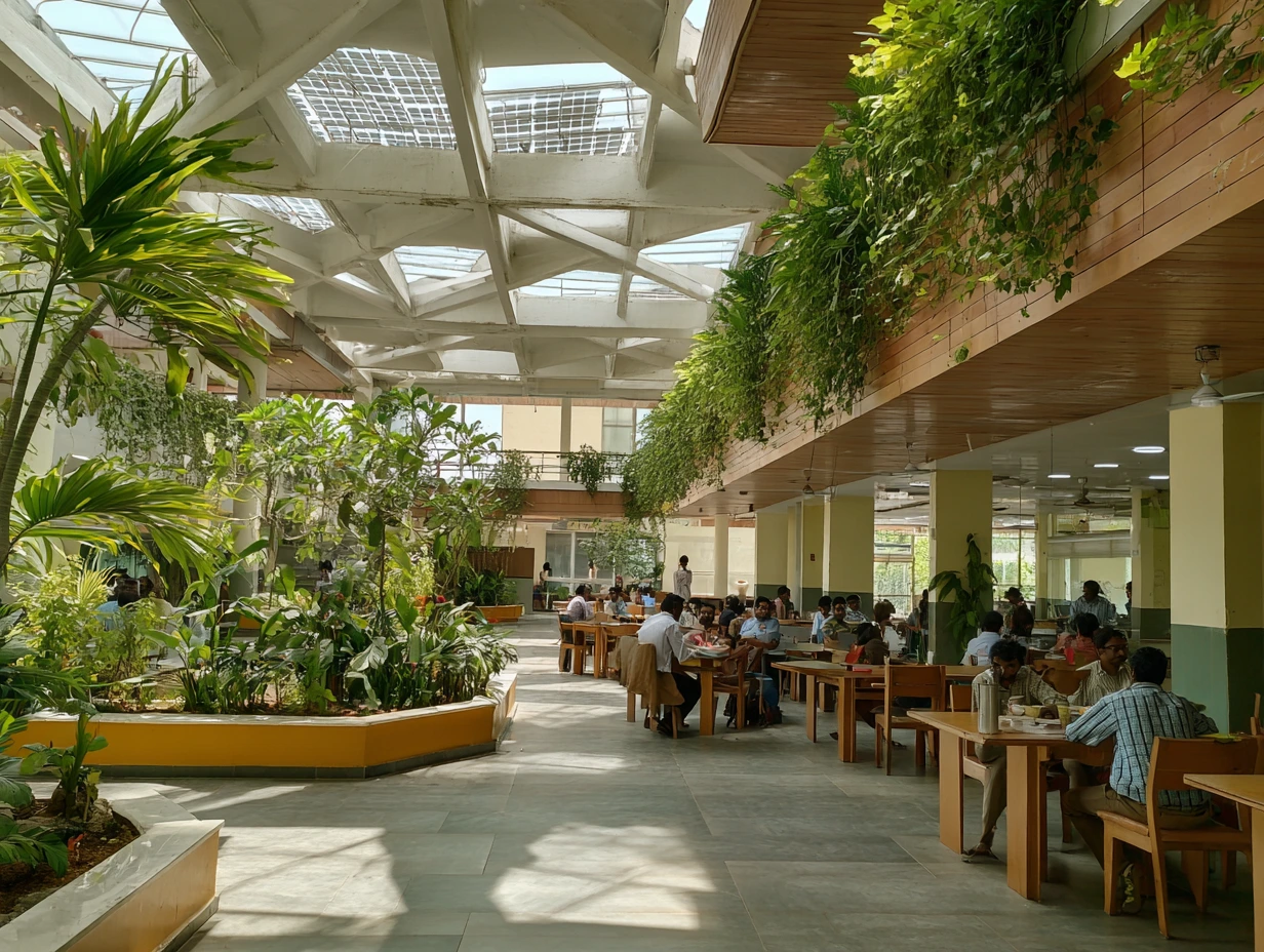 Eco-friendly Bangalore hospital cafeteria, staff and patients enjoying organic, locally sourced meals served in biodegradable containers, green plants and solar panels in the background, natural daylight, modern and clean environment, calming earth tones, 
