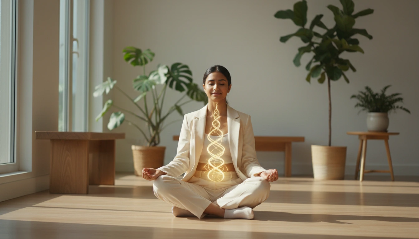 Sunlit and serene, a young indian woman in a pantsuit sits cross-legged on a wooden floor in a bright, minimalist room adorned with lush green plants and natural wood furniture. Her peaceful expression radiates calm and well-being, while faint, glowing, in